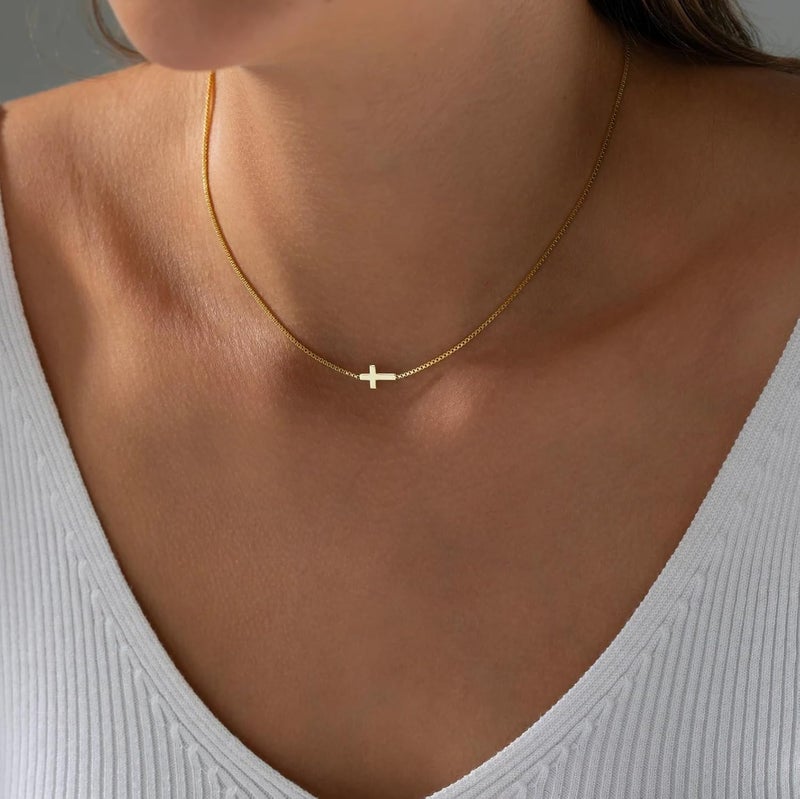 VIROMY Gold Cross Necklace for Women 14K Gold Plated Cute Sidways Cross Pendant Choker Necklaces Simple Trendy Everyday Jewelry for Women - Image 3